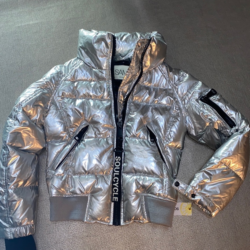 Soul Cycle girls freestyle bomber jacket 10 silver down filled